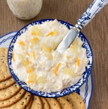 Pineapple spread in decorative blue bowl.