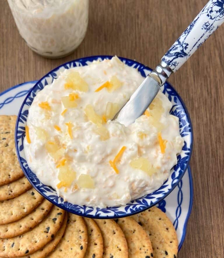 Pineapple spread in decorative blue bowl.