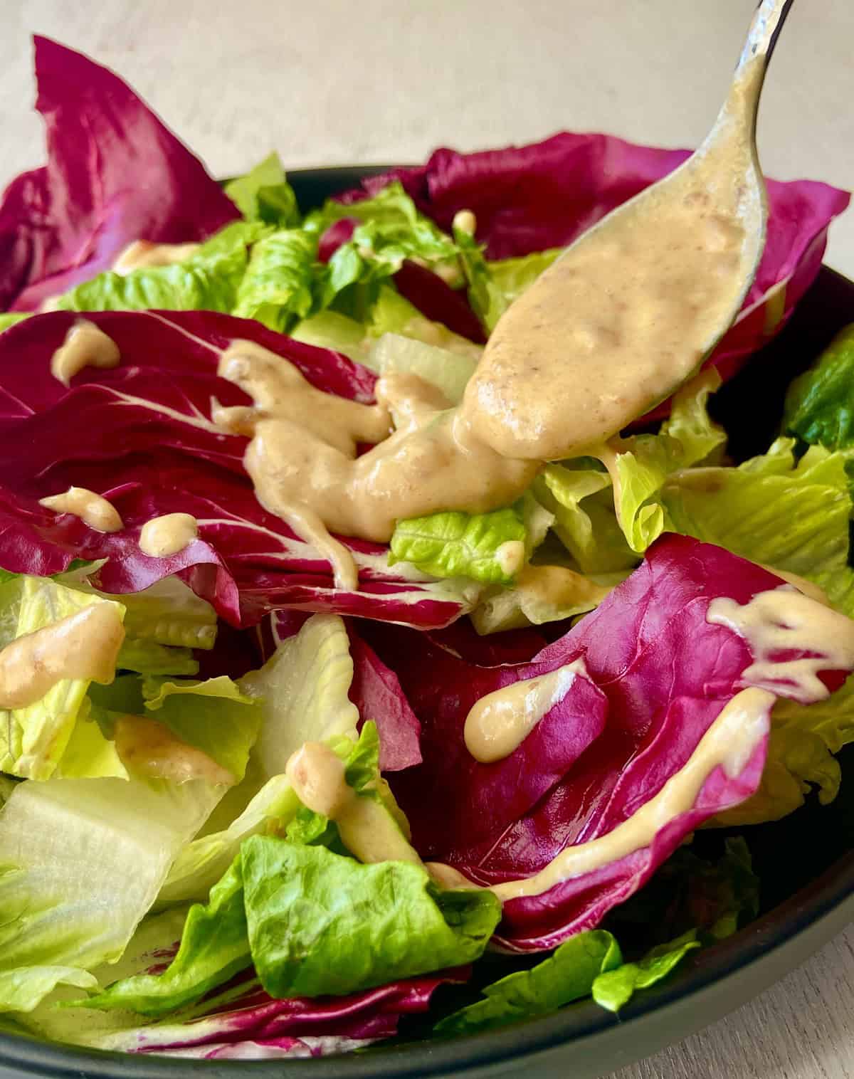 Date vinaigrette on spoon over bed of greens and radicchio.