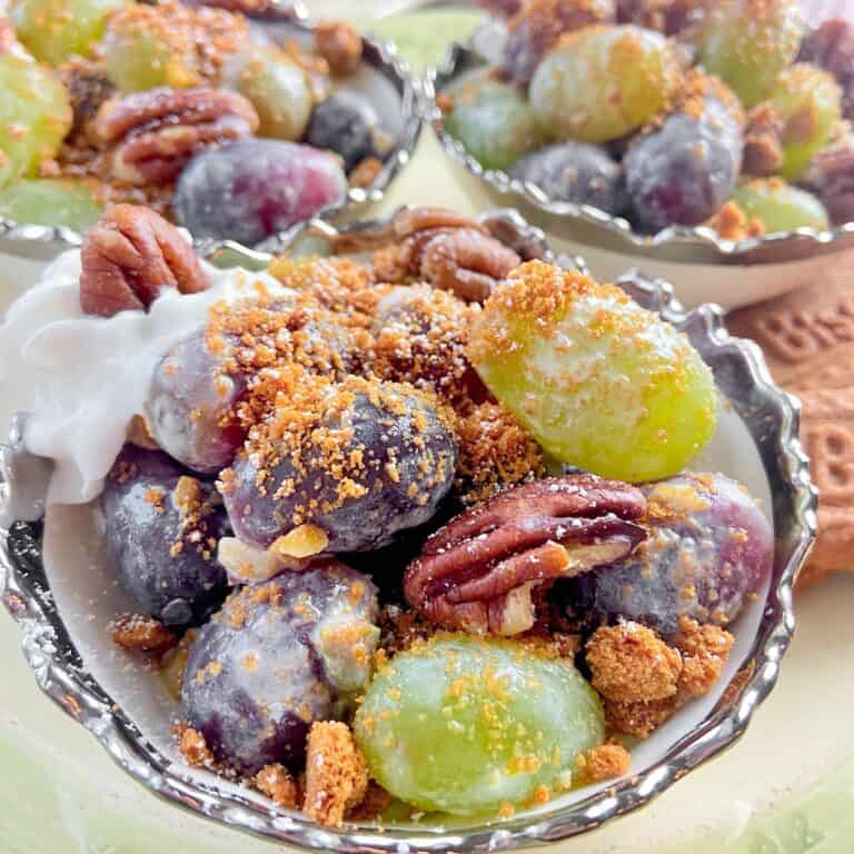 Grape salad in decorative serving bowl.