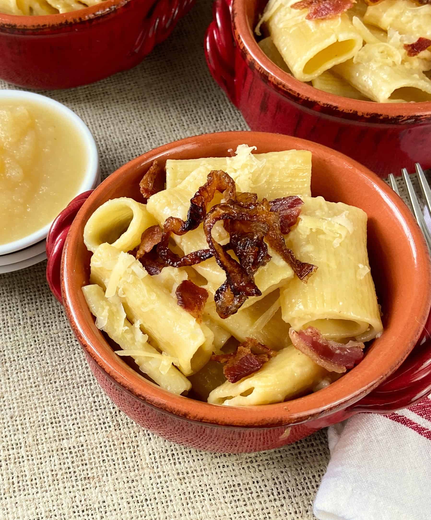 Close up image of Alpine Macaroni in red bowl garnished with caramelized onions.
