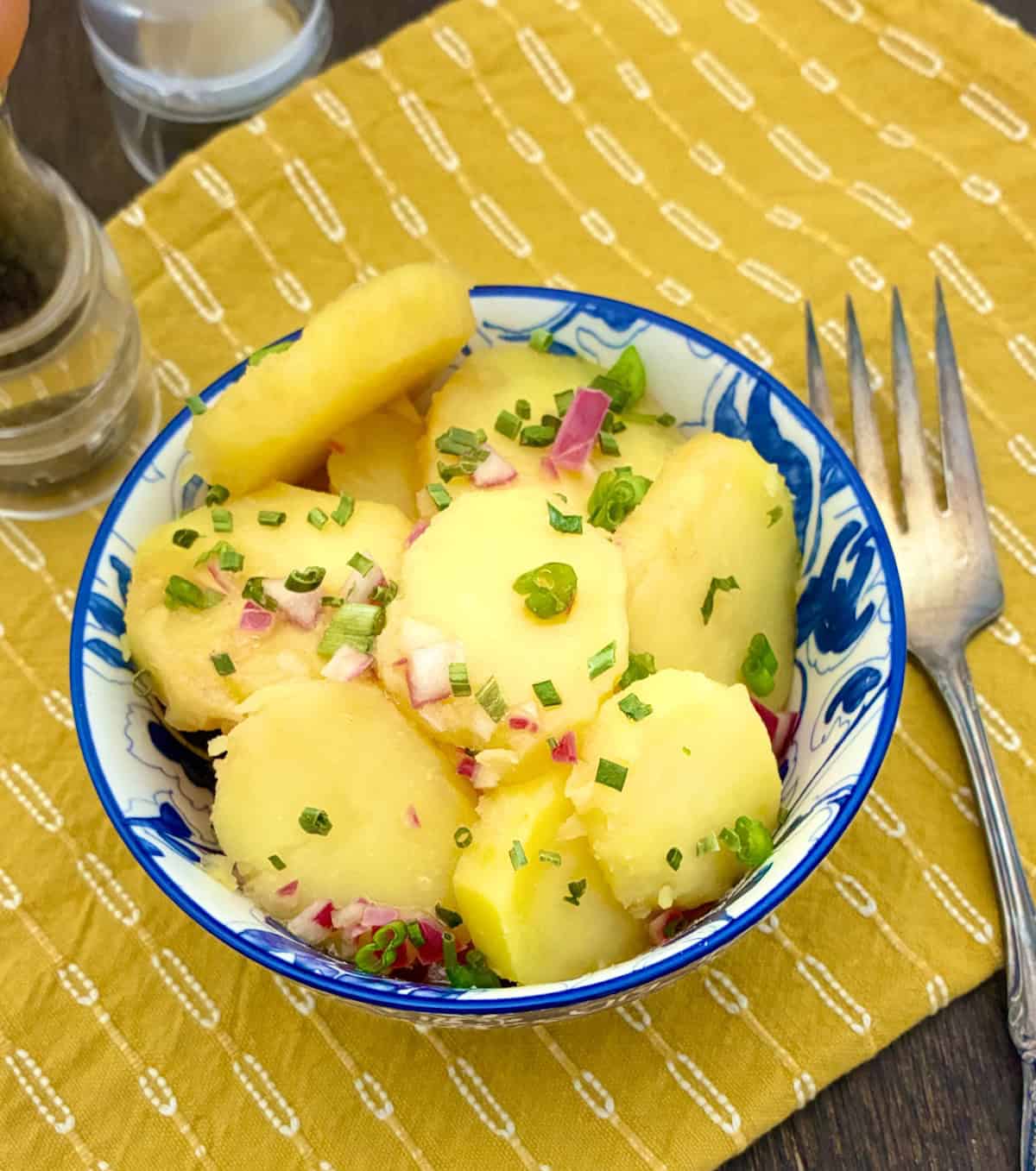 Austrian Potato Salad garnished with red onion and chives.