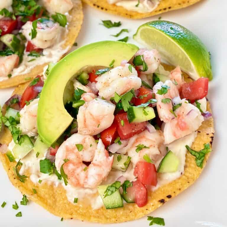 Mexican Shrimp Ceviche on crispy fried corn tostada.