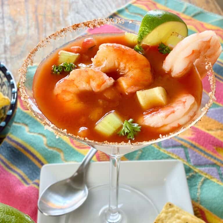 Close image of Mexican Shrimp Cocktail in martini glass.