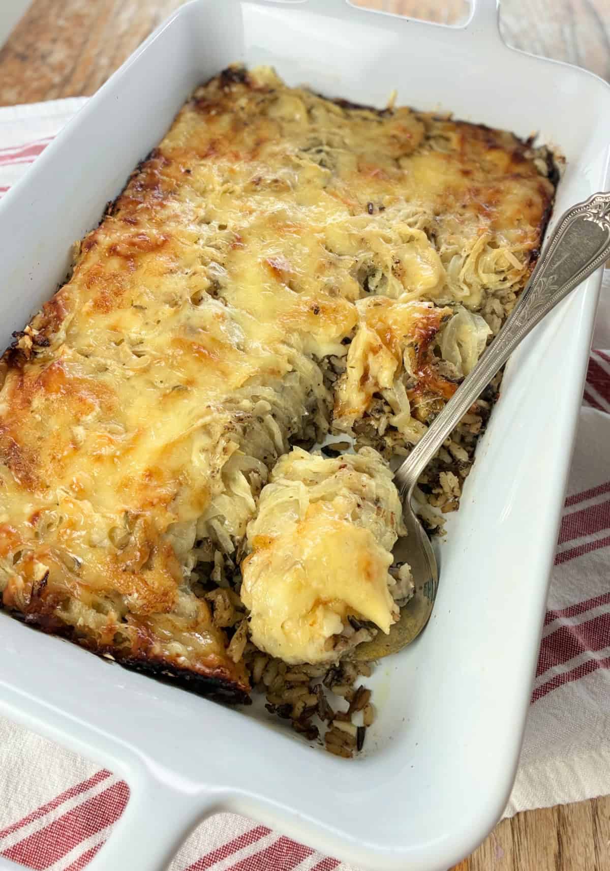 Wild Rice Mushroom Casserole in white baking dish.